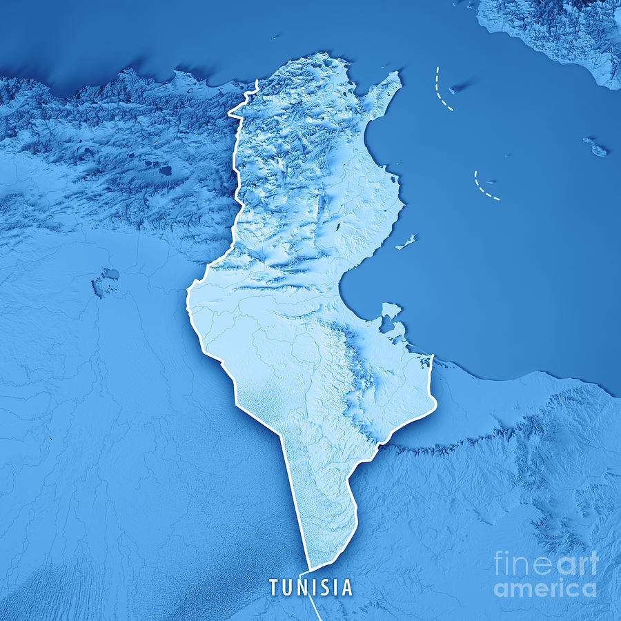 Map Digital Art - Tunisia 3D Render Topographic Map Blue Border by Frank Ramspott