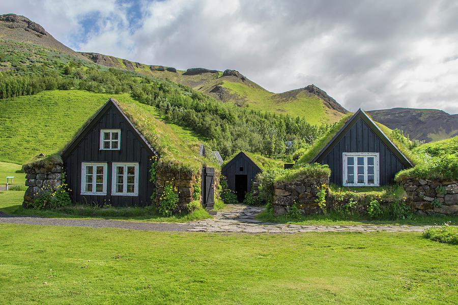 Turf Roof Houses And Shed, Skogar, Iceland Photograph by 
