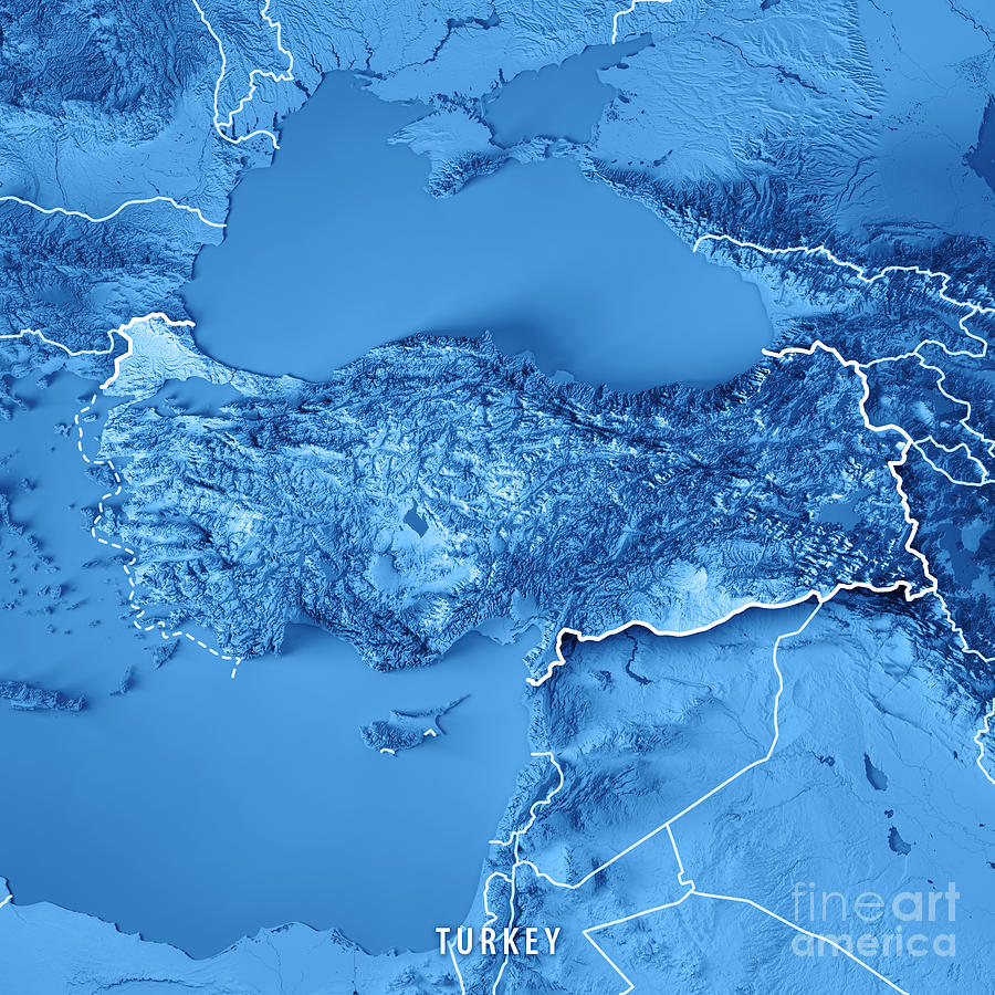 Turkey Digital Art - Turkey Country 3D Render Topographic Map Blue Border by Frank Ramspott