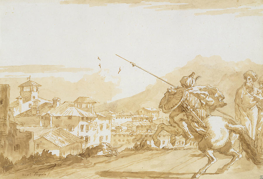 Turkish Lancer and Onlookers Approaching a Town Drawing by Giovanni Domenico Tiepolo