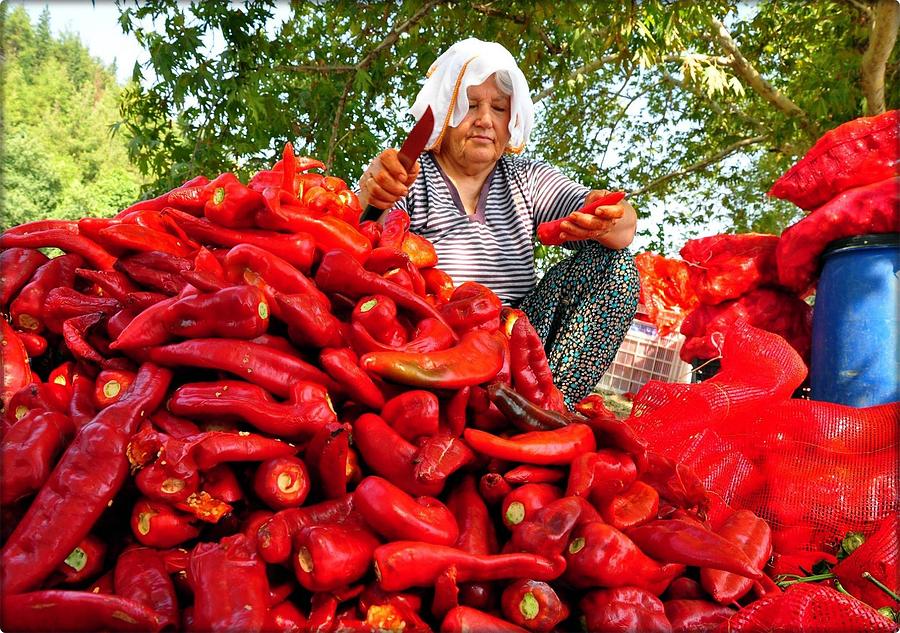Turkish Woman Preparing Red Peppers Photograph by Taiche Acrylic Art