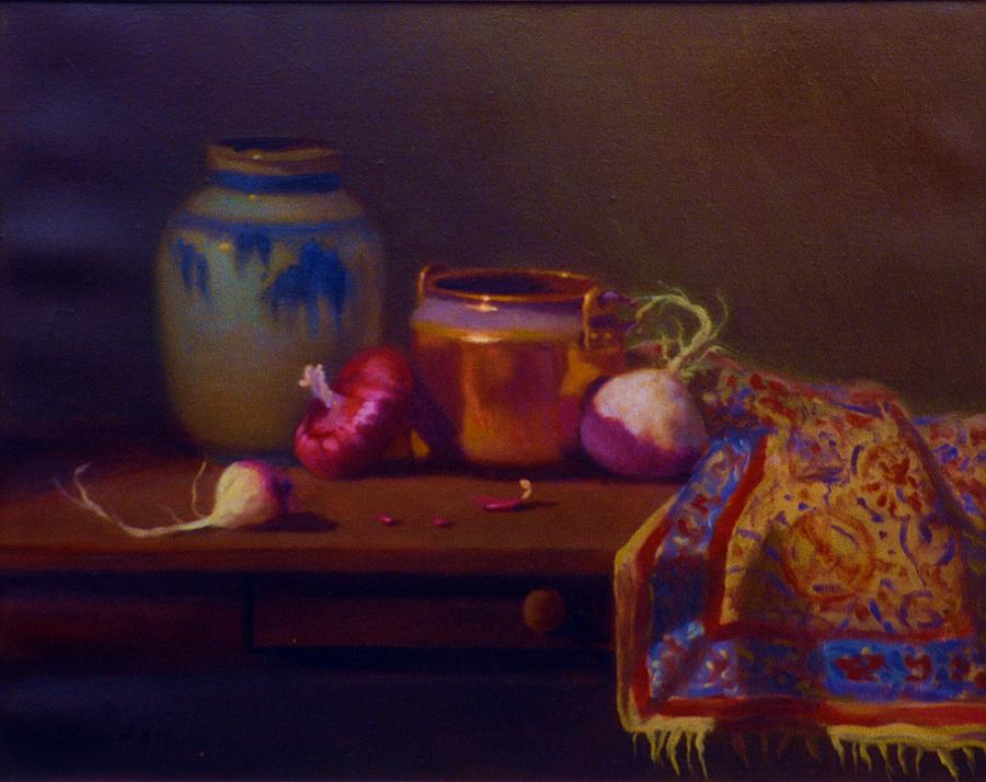 Still Life Painting - Turnips Copper and Red Onion by David Olander