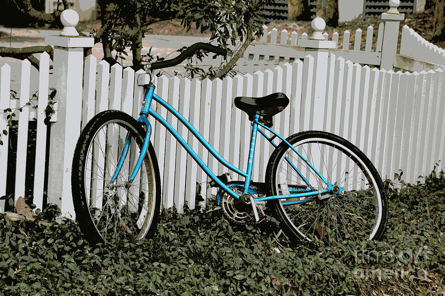 Turquoise Bicycle Leaning on Picket Fence Photograph by Catherine Sherman