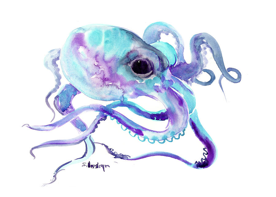 Turquoise Blue Purple Octopus Painting by Suren Nersisyan