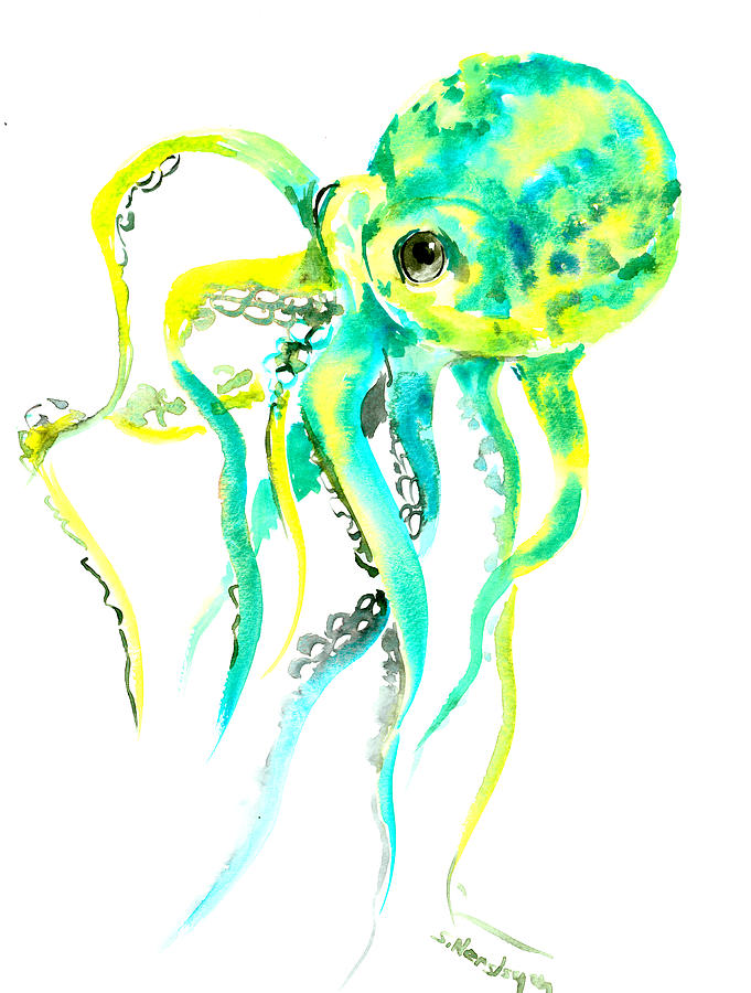 Turquoise Green Octopus Painting by Suren Nersisyan