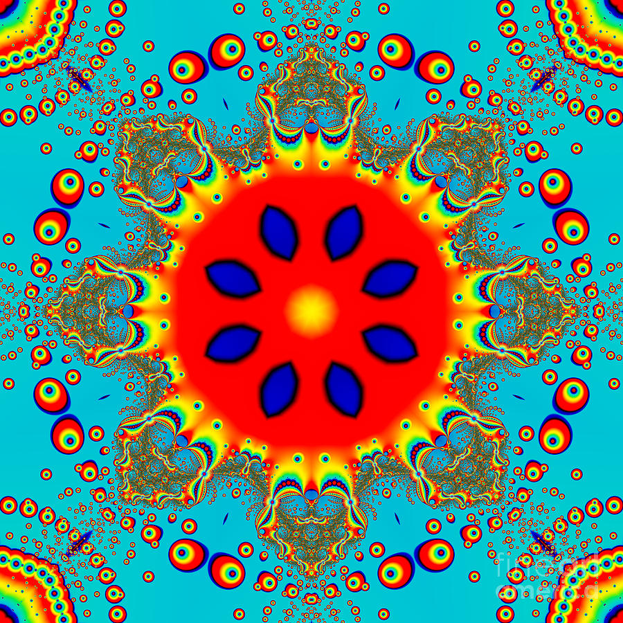 Turquoise Red Fractal Mandala Digital Art
