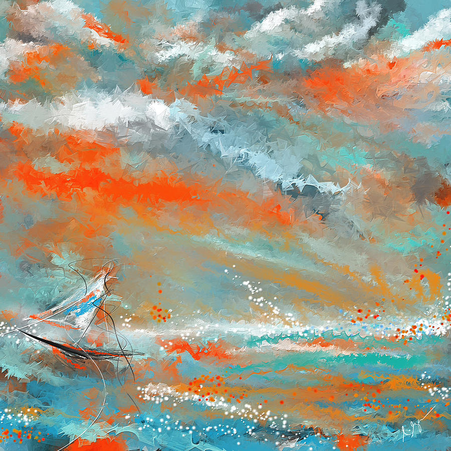 Turquoise Sail - Orange and Turquoise Abstract Art Painting by Lourry Legarde