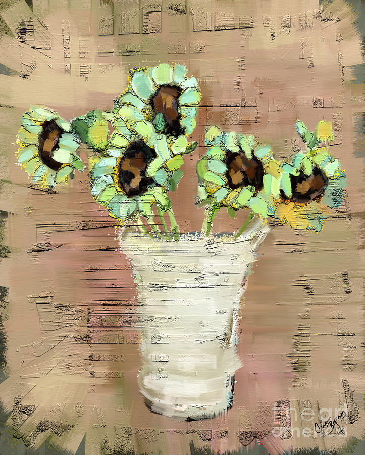 Turquoise Sunflowers Painting by Carrie Joy Byrnes