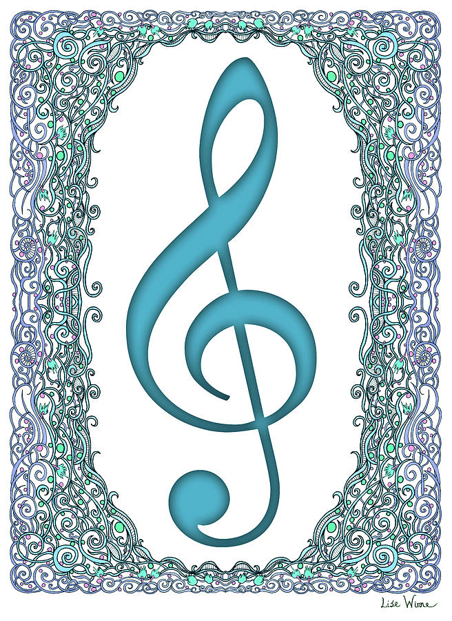 Turquoise Treble Clef with Turquoise and Blue Border Digital Art by Lise Winne