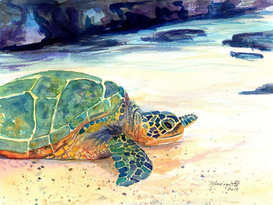 Turtle at Poipu Beach 5 Painting by Marionette Taboniar