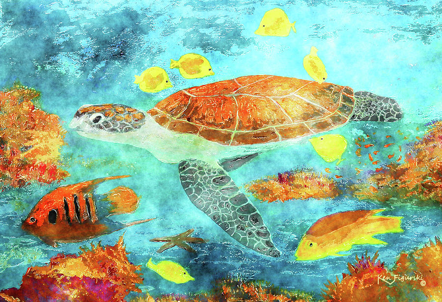 Turtle Painting - Turtle Reef Watercolor by Ken Figurski