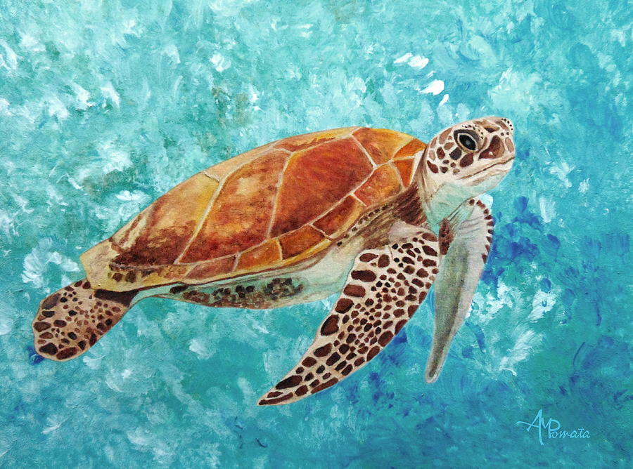 Turtle Swimming Painting by Angeles M Pomata