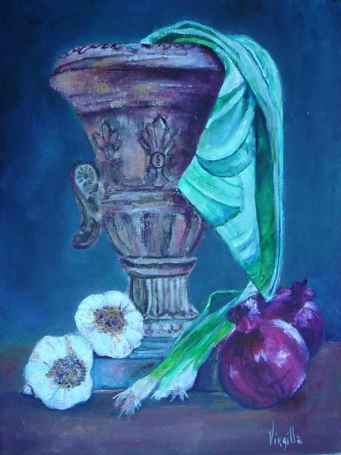 Onions Painting - Tuscan Elements - Tuscan Urn with Onions and Garlic by Virgilla Lammons