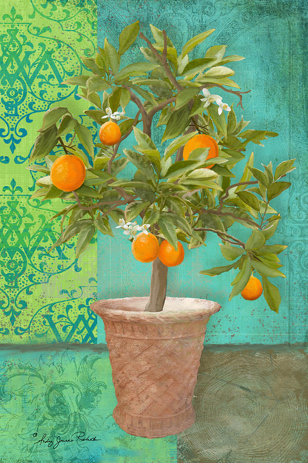 Tuscan Orange Topiary - Damask Pattern 2 Painting by Audrey Jeanne Roberts