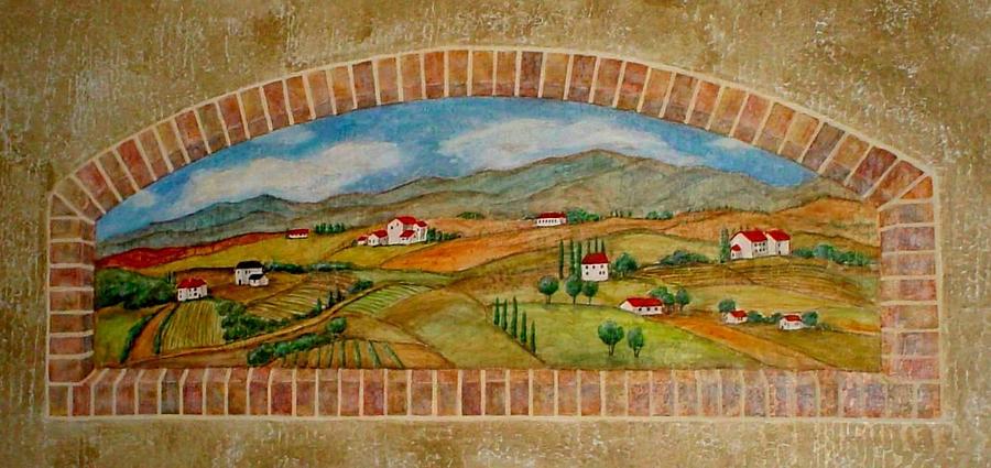 Tuscan Scene Brick Window Painting by Anita Burgermeister