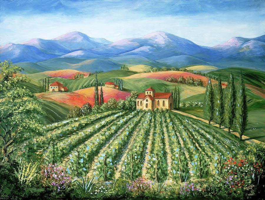 Wine Painting - Tuscan Vineyard and Abbey by Marilyn Dunlap
