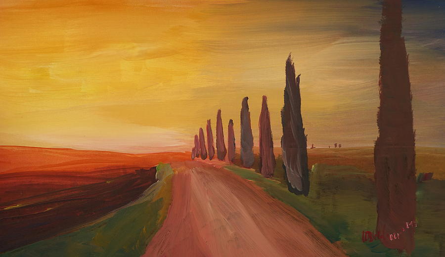 Tuscany Painting - Tuscany Alley Way with Cypress at Dusk by M Bleichner