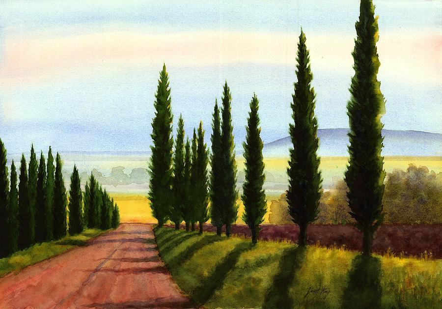 Tuscany Cypress Trees Painting by Janet King