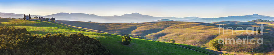 Tuscany landscape panorama at sunrise with a chapel of Madonna di Vitaleta Photograph by Michal Bednarek