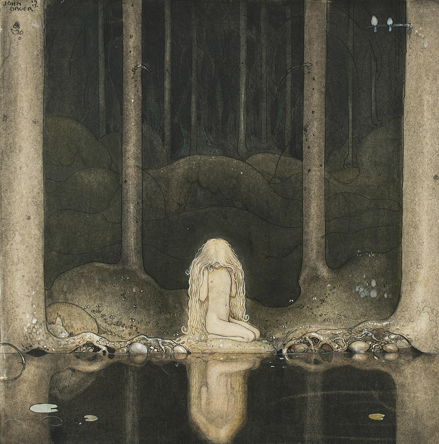 Tuvstarr is Still Sitting There Wistfully Looking into the Water Painting by John Bauer