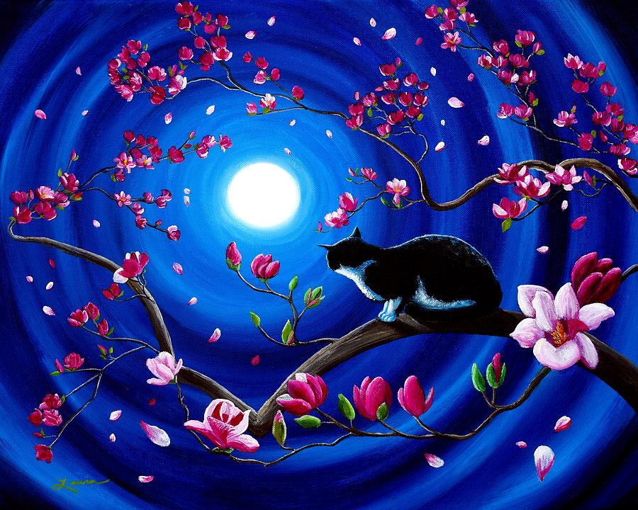 Tuxedo Cat in a Japanese Magnolia Tree Painting by Laura Iverson
