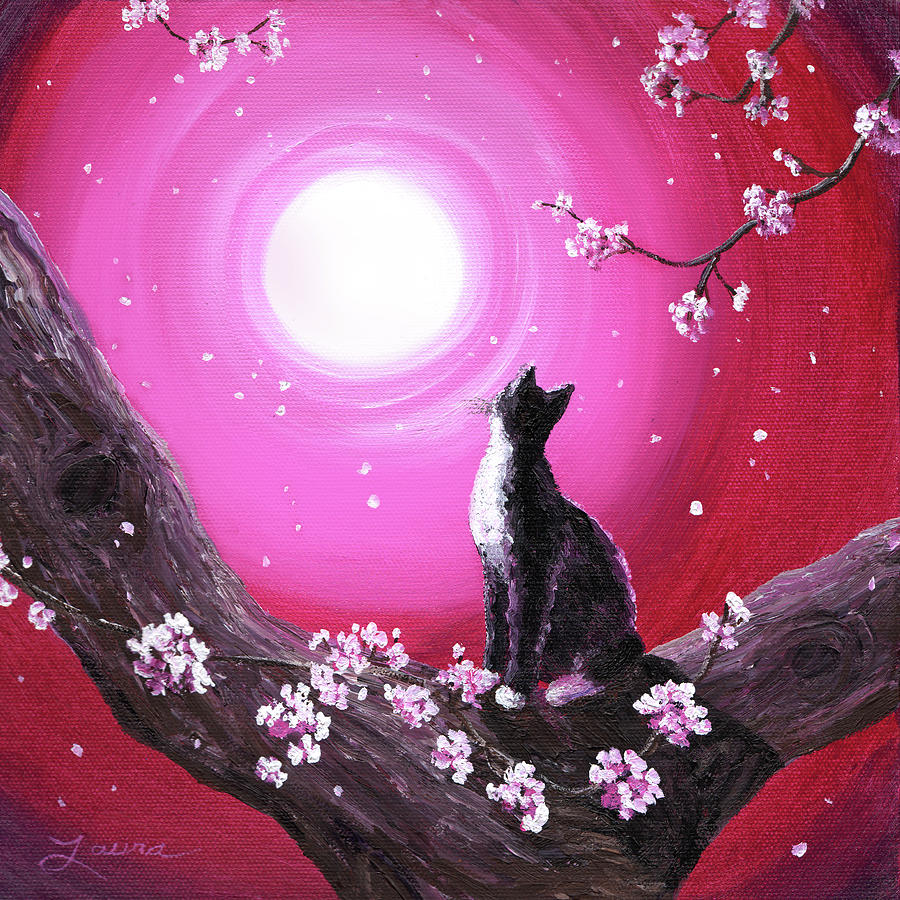 Landscape Painting - Tuxedo Cat in Cherry Blossoms by Laura Iverson