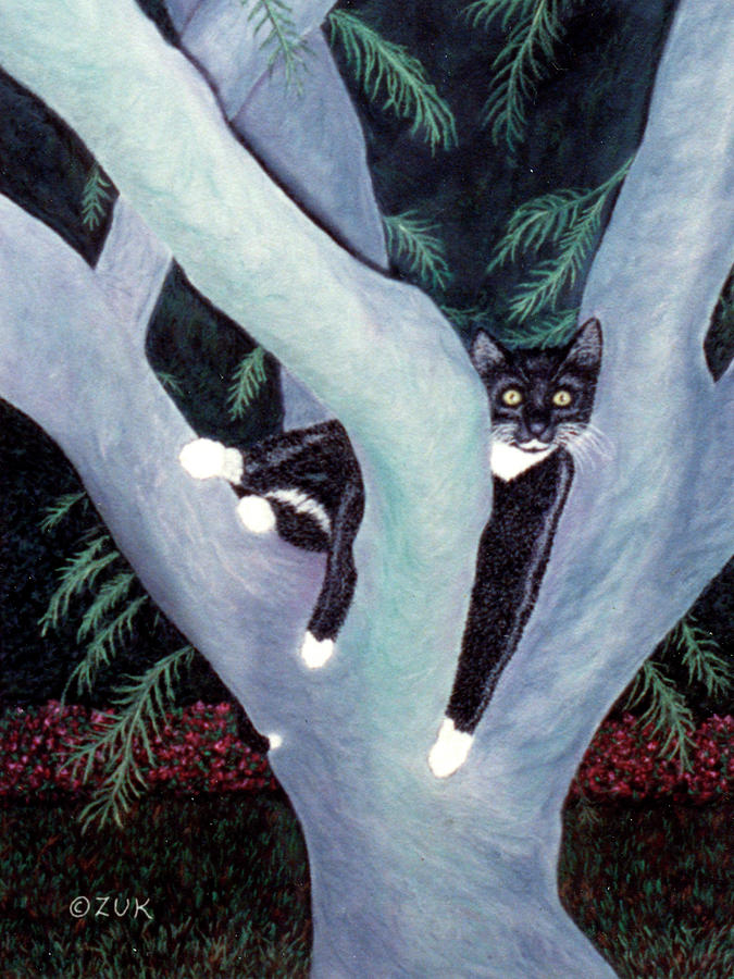 Tuxedo Cat in Mimosa Tree Painting by Karen Zuk Rosenblatt