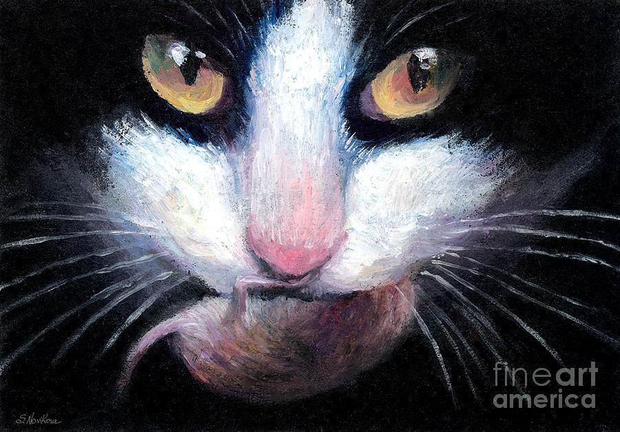 Tuxedo cat with mouse Painting by Svetlana Novikova