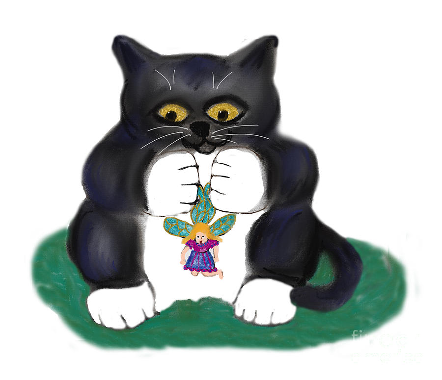 Tuxedo Kitten Captured a Flower Fairy Digital Art by Ellen Miffitt