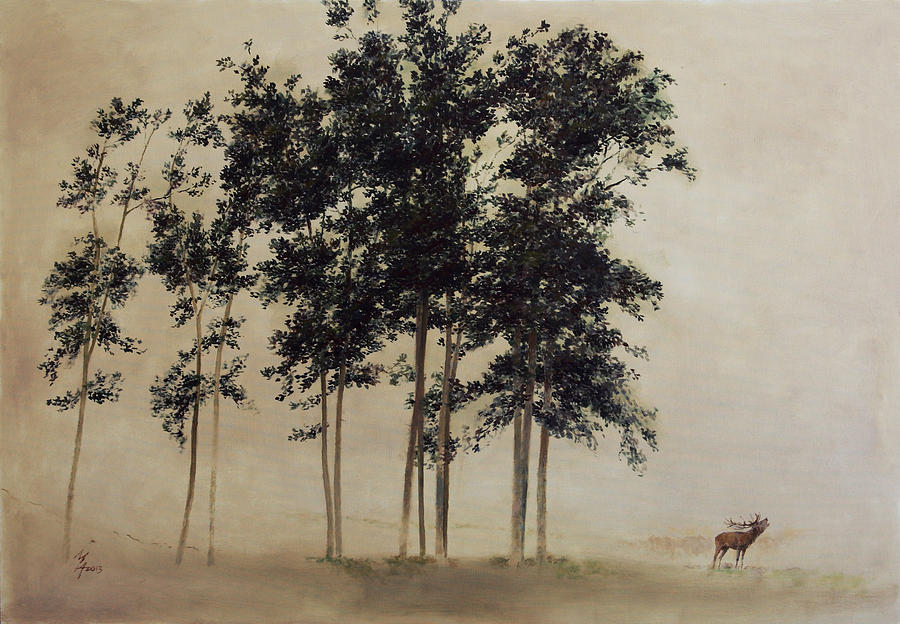 Twelve Oaks with Stag Painting by Attila Meszlenyi