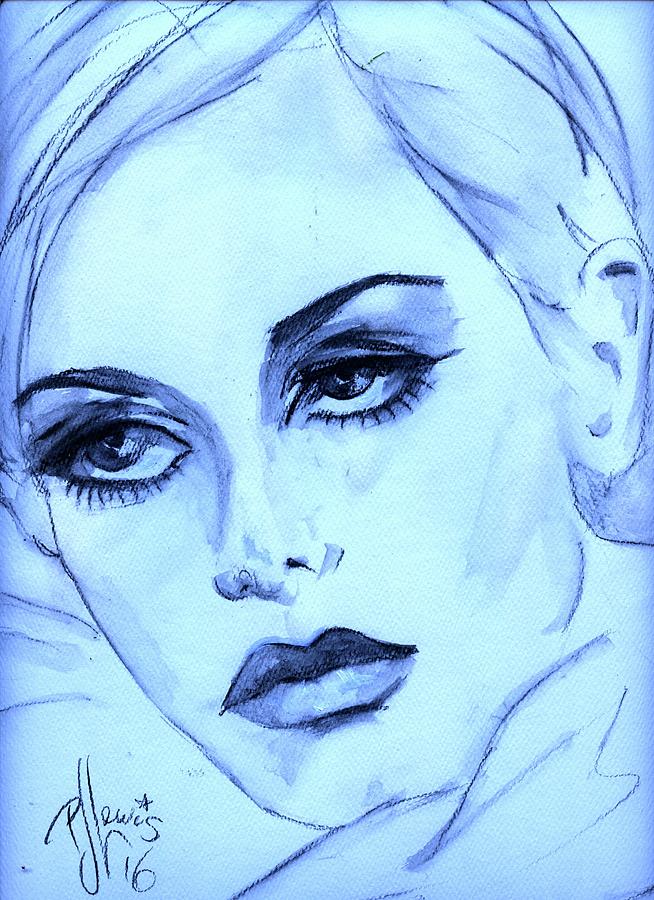 Portrait Painting - Twiggy in blue by PJ Lewis