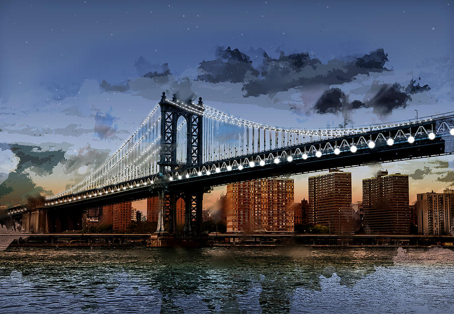 Twilight at Manhattan Bridge NYC with Twinkling White Lights Painting ...