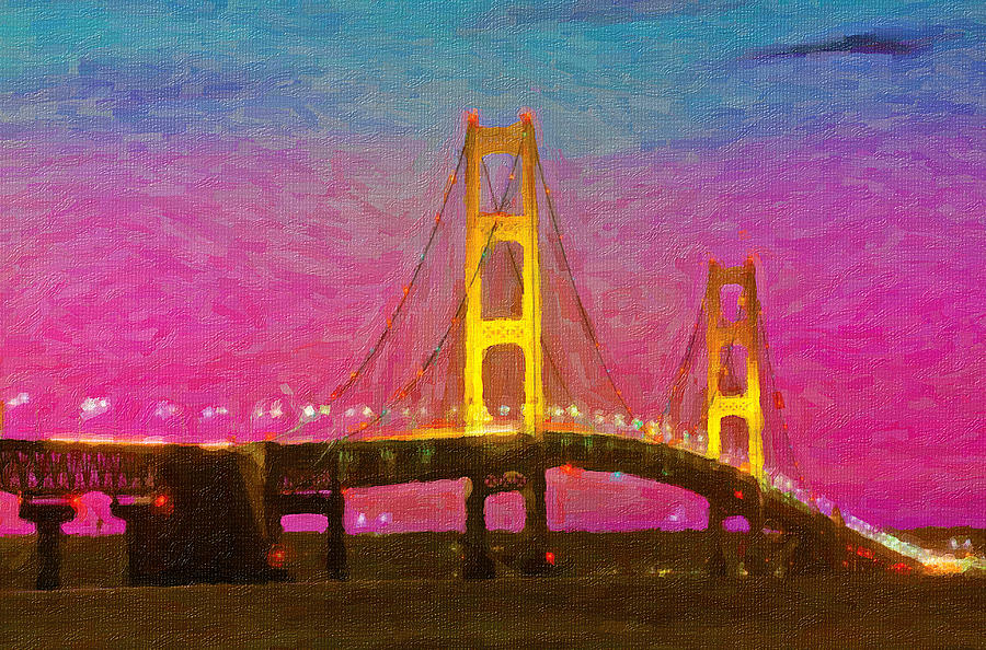 Vintage Painting - Twilight Bridge Mackinaw Bridge by John Farr