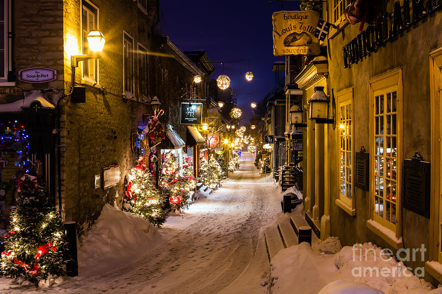 Winter Photograph - Twilight in the Petit Champlain Rue du Petit Champlain Lower Town Quebec City Canada by Dawna Moore Photography