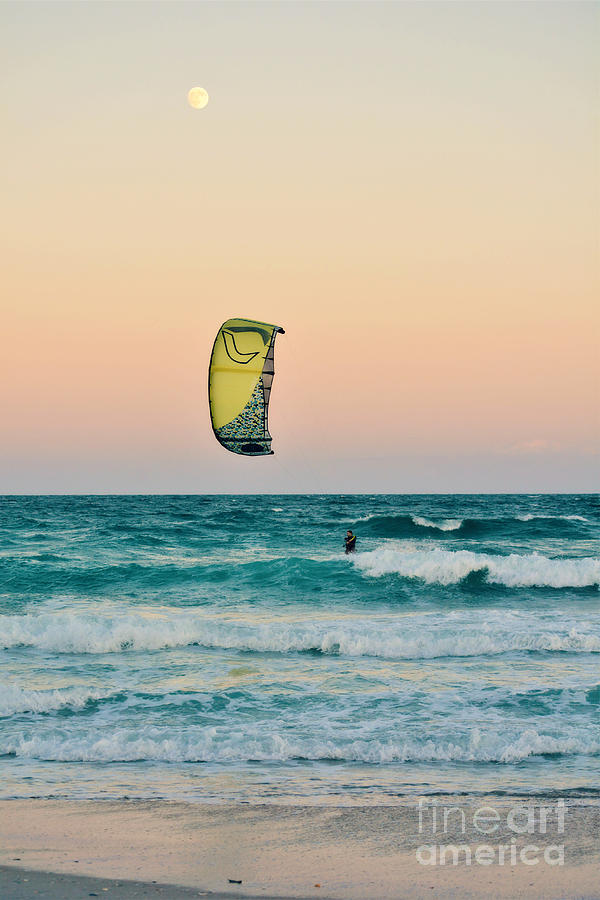 Twilight Kite Surfer Under the Moon Photograph by Kelly Nowak
