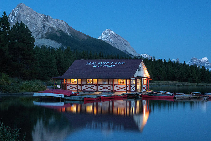 Twilight Maligne Lake Boathouse 2786 Photograph by Bob Neiman