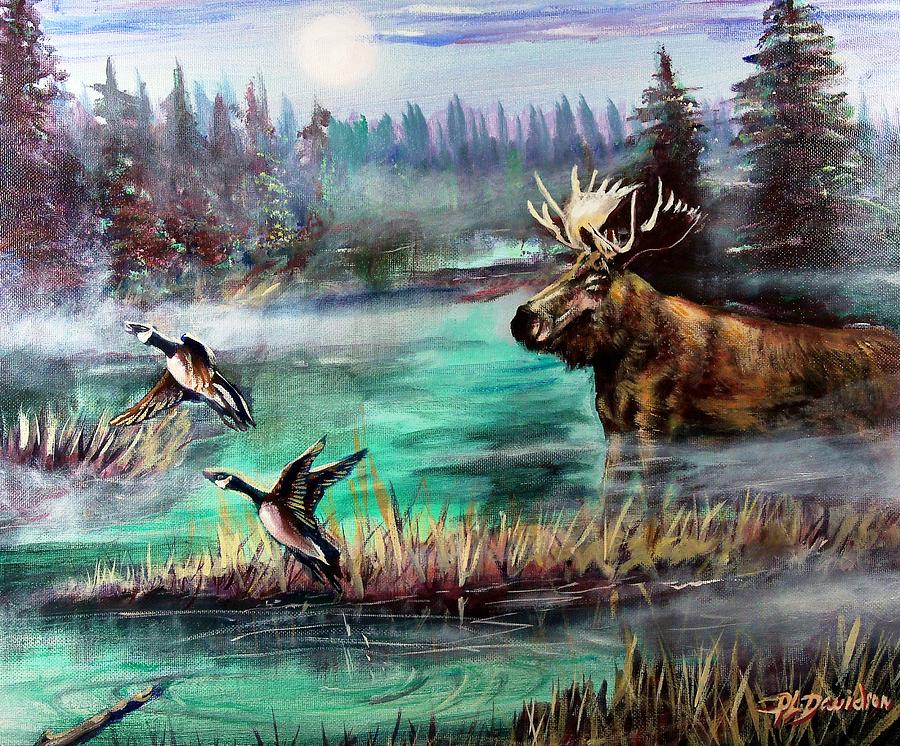 Twilight Moose And Canada Geese Painting by Pat Davidson