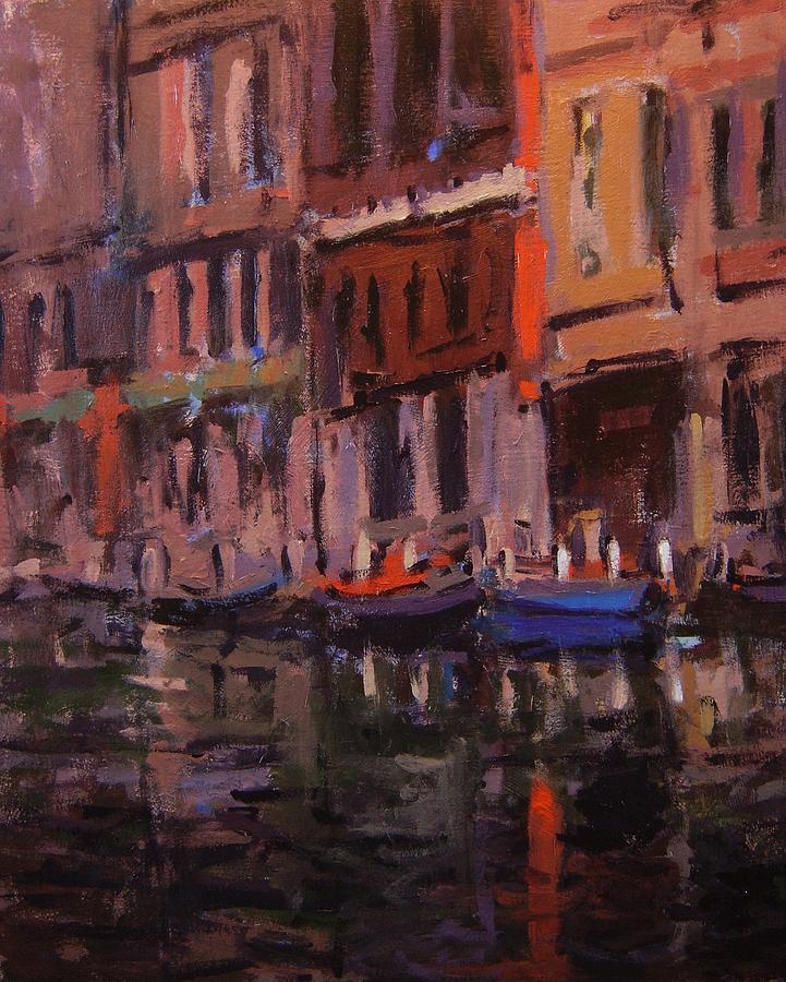 Boat Painting - Twilight on the canal by R W Goetting