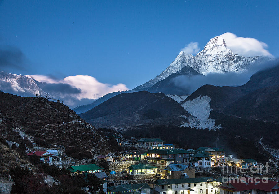 Twilight over Pangboche in Nepal Photograph by Didier Marti