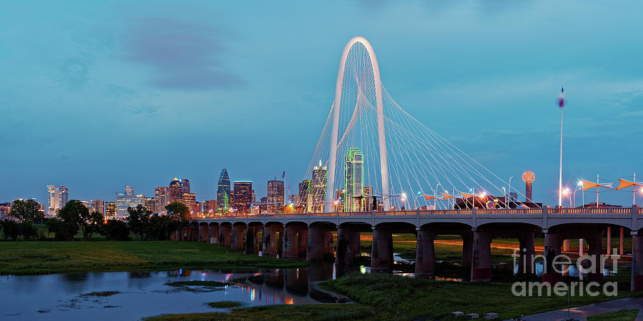 Twilight Panorama of Downtown Dallas Skyline from Trinity River Overlook - Dallas Texas Photograph by Silvio Ligutti