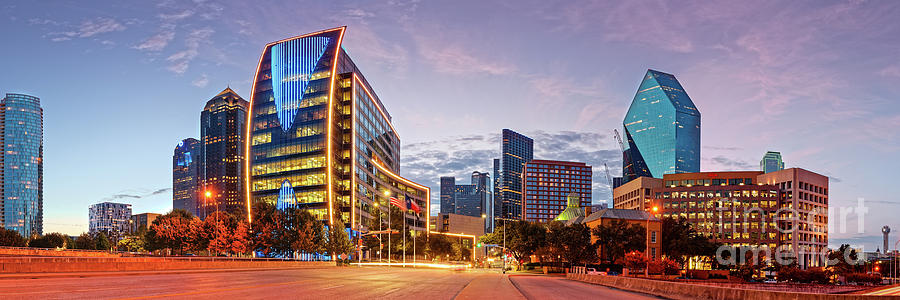 Twilight Panorama of Downtown Dallas Skyline - North Akard Street Dallas Texas Photograph by Silvio Ligutti