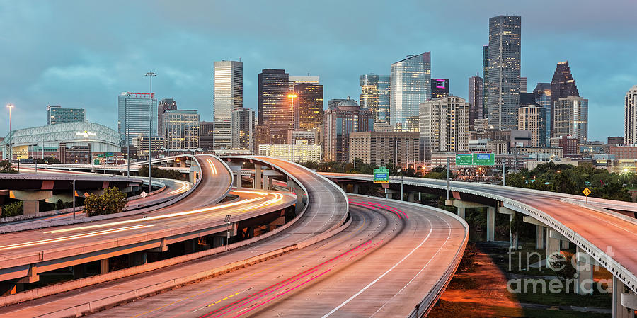 Twilight Panorama of Downtown Houston and Freeways - Texas Gulf Coast Photograph by Silvio Ligutti