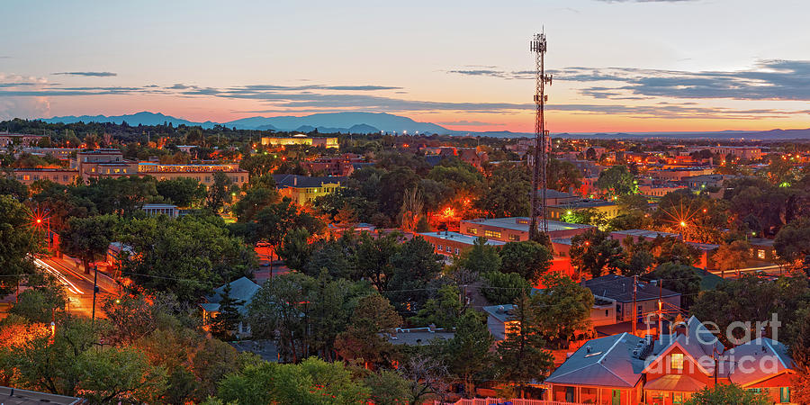 Twilight Panorama of Downtown Santa Fe from Cross of the Martyrs - New Mexico  Photograph by Silvio Ligutti