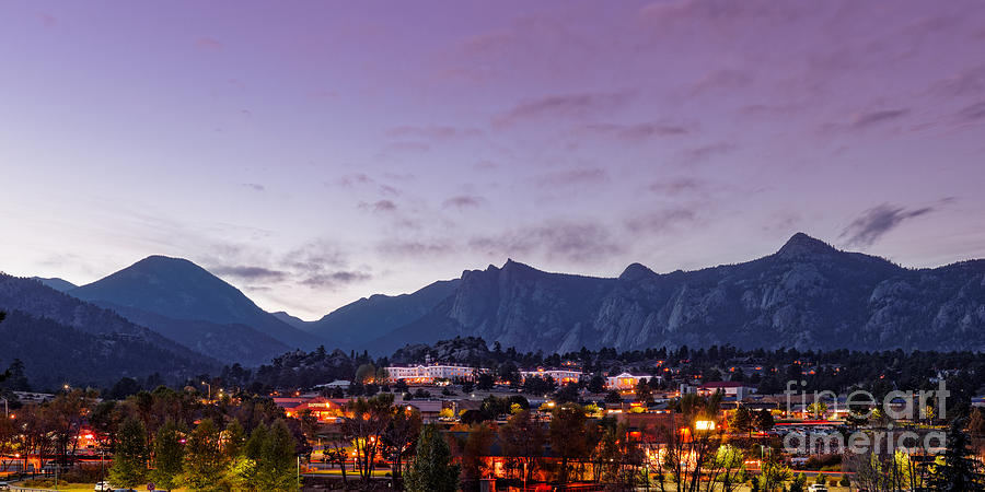 Twilight Panorama of Estes Park, Stanley Hotel, Castle Mountain and Lumpy Ridge - Rocky Mountains  Photograph by Silvio Ligutti