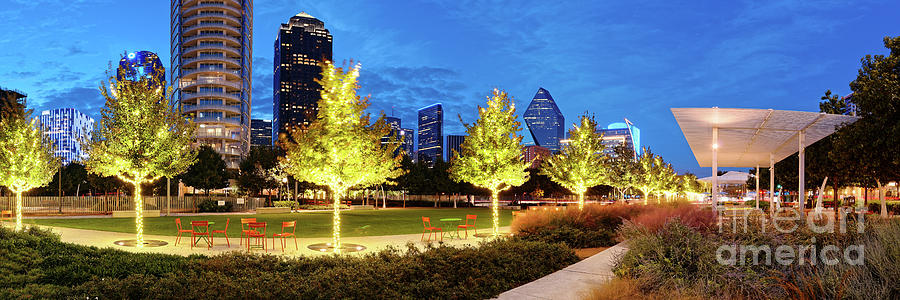 Twilight Panorama of Klyde Warren Park and Downtown Dallas Skyline - North Texas Photograph by Silvio Ligutti
