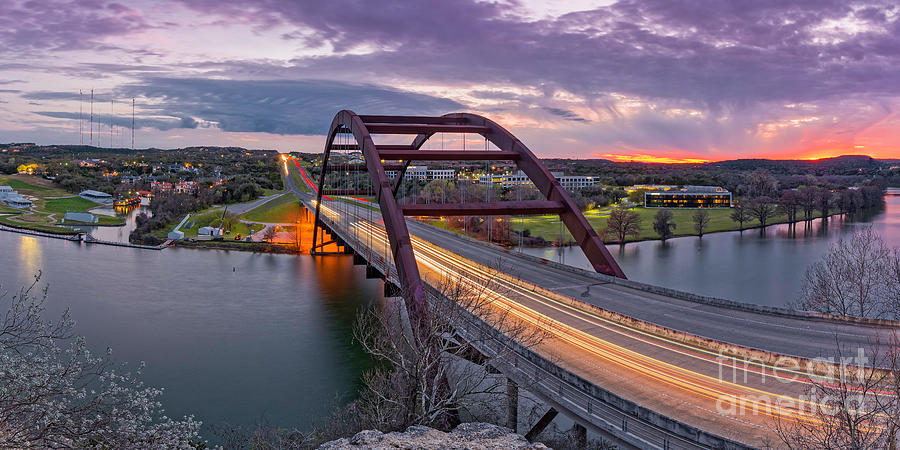 Twilight Panorama of PennyBacker Bridge 360 over Lake Austin - Texas Hill Country Photograph by Silvio Ligutti