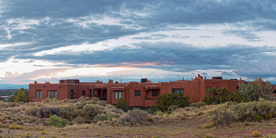 Twilight Panorama of Pueblo Revival Architecture at Cross of the Martyrs - Santa Fe - New Mexico Photograph by Silvio Ligutti