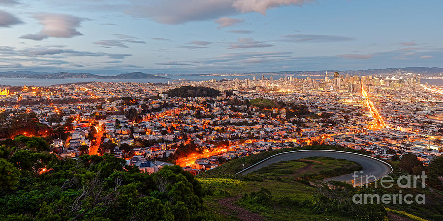 San Francisco Photograph - Twilight Panorama of San Francisco Skyline and Bay Area from Twin Peaks Overlook - California by Silvio Ligutti