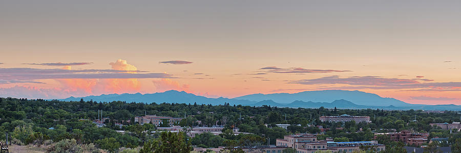 Twilight Panorama of Santa Fe Cityscape with Sandia Mountains in the Background - New Mexico  Photograph by Silvio Ligutti