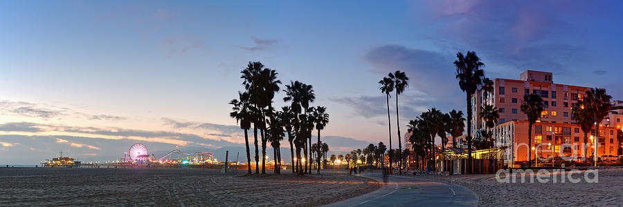 Twilight Panorama of Santa Monica Pier and Oceanfront Walk - Los Angeles California Photograph by Silvio Ligutti